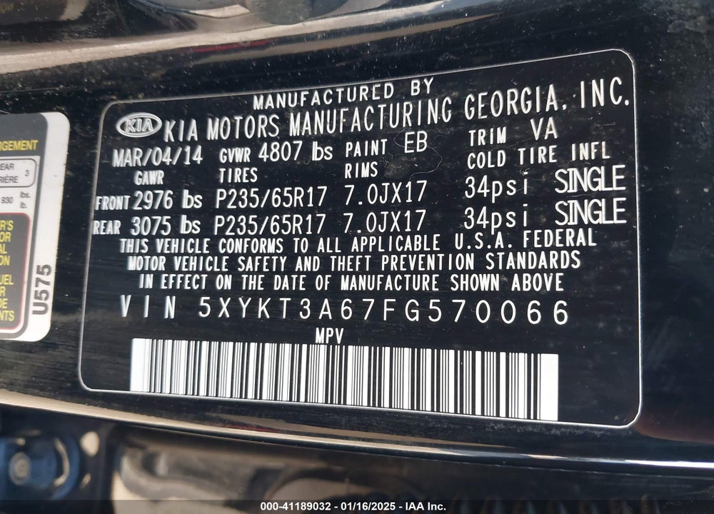 2015 KIA SORENTO LX VIN: 5XYKT3A67FG570066
