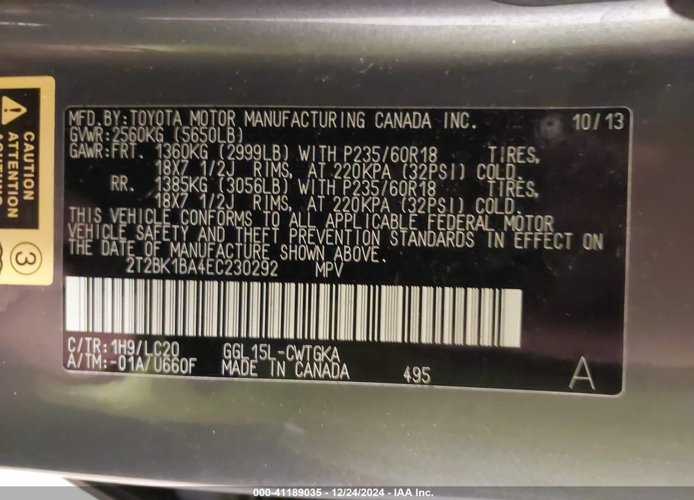 2014 LEXUS RX 350 VIN: 2T2BK1BA4EC230292