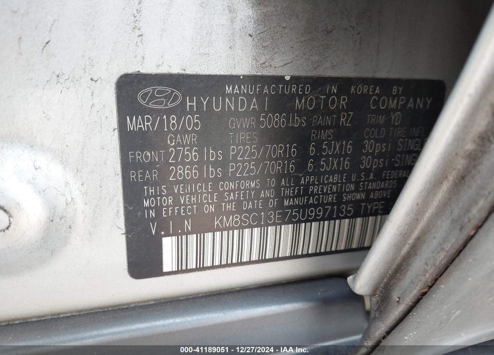 2005 HYUNDAI SANTA FE GLS/LX VIN: KM8SC13E75U997135