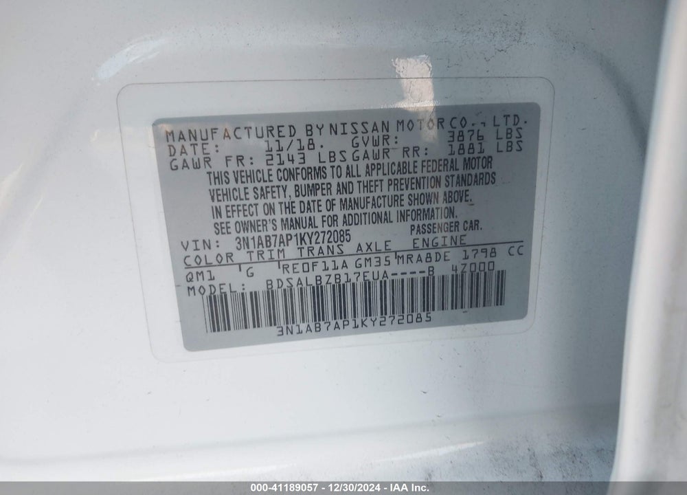 2019 NISSAN SENTRA VIN: 3N1AB7AP1KY272085