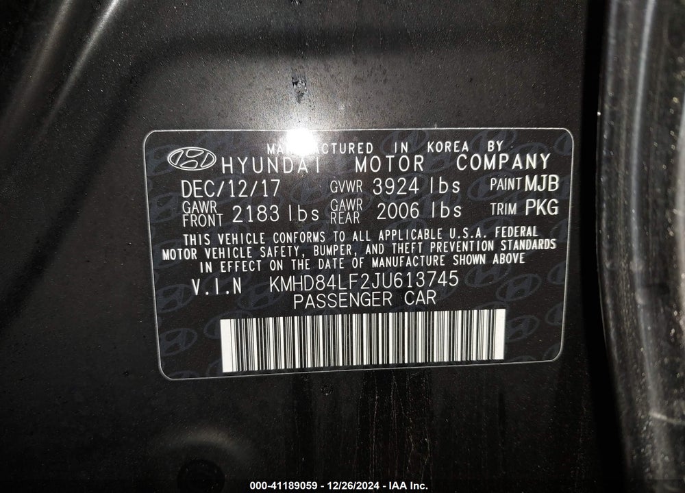 2018 HYUNDAI ELANTRA VIN: KMHD84LF2JU613745