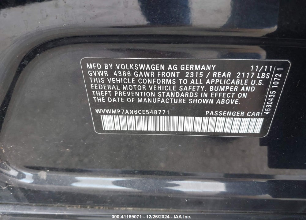 2012 VOLKSWAGEN CC R-LINE VIN: WVWMP7AN6CE548771