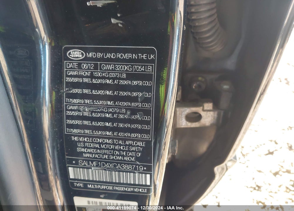 2012 LAND ROVER RANGE ROVER HSE VIN: SALMF1D4XCA388719