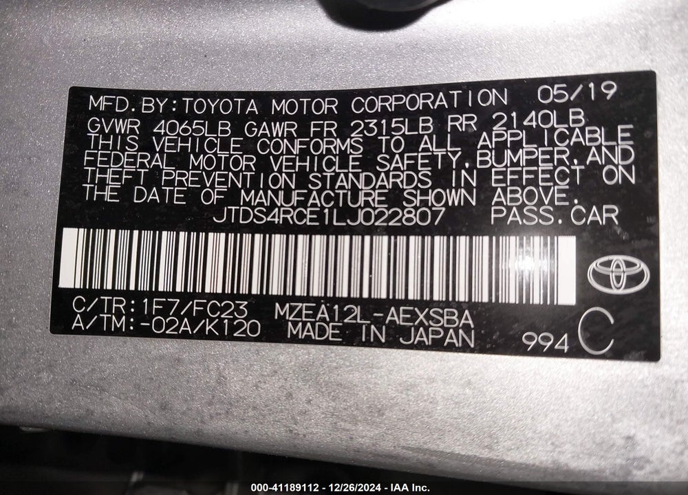 2020 TOYOTA COROLLA VIN: JTDS4RCE1LJ022807