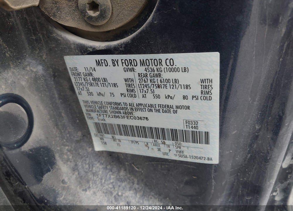 2015 FORD F-250 XL VIN: 1FT7X2B63FEC03676