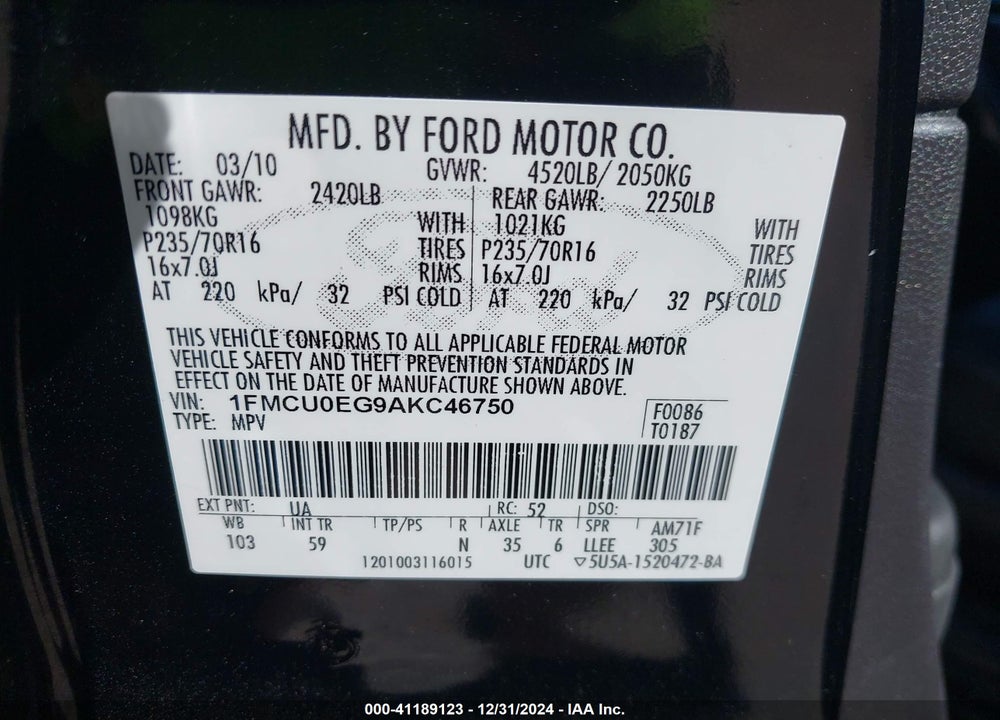 2010 FORD ESCAPE LIMITED VIN: 1FMCU0EG9AKC46750