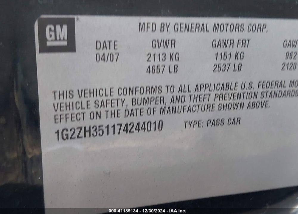 2007 PONTIAC G6 GT VIN: 1G2ZH351174244010