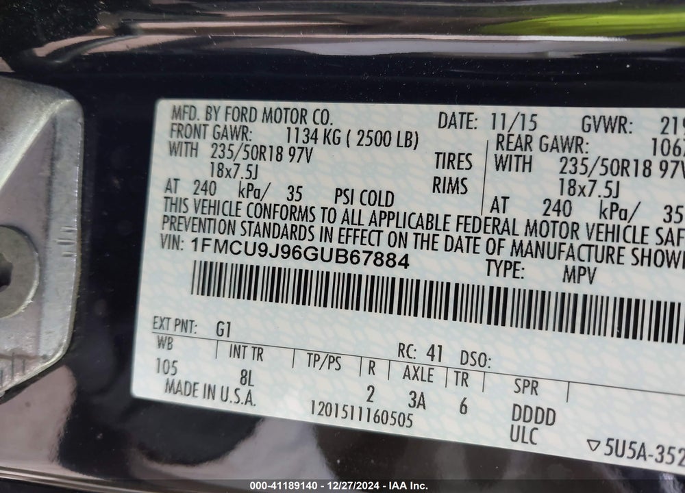 2016 FORD ESCAPE TITANIUM VIN: 1FMCU9J96GUB67884