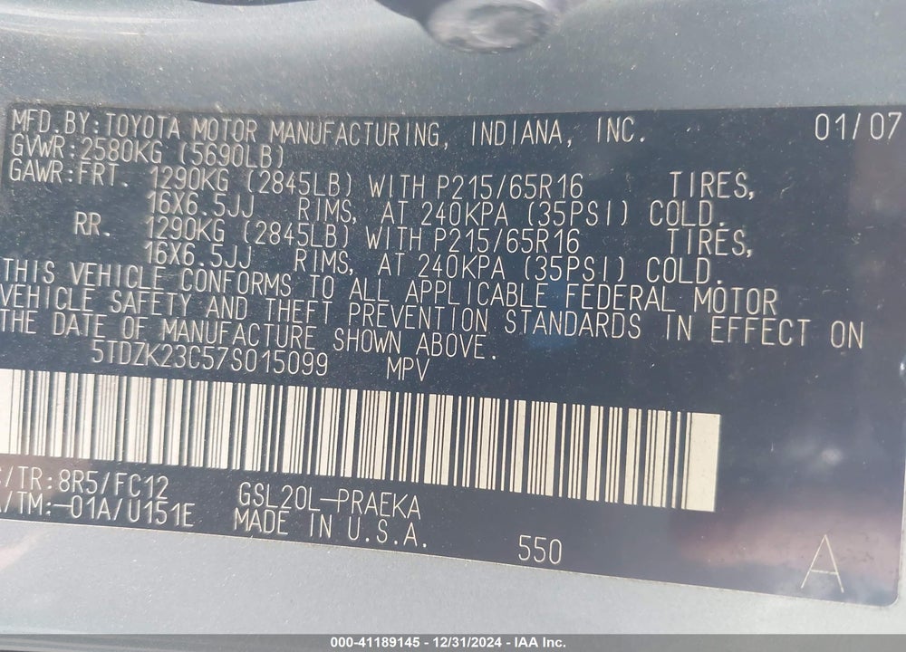 2007 TOYOTA SIENNA LE VIN: 5TDZK23C57S015099