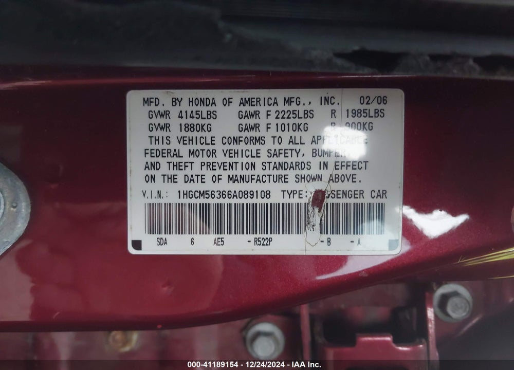 2006 HONDA ACCORD 2.4 SE VIN: 1HGCM56366A089108