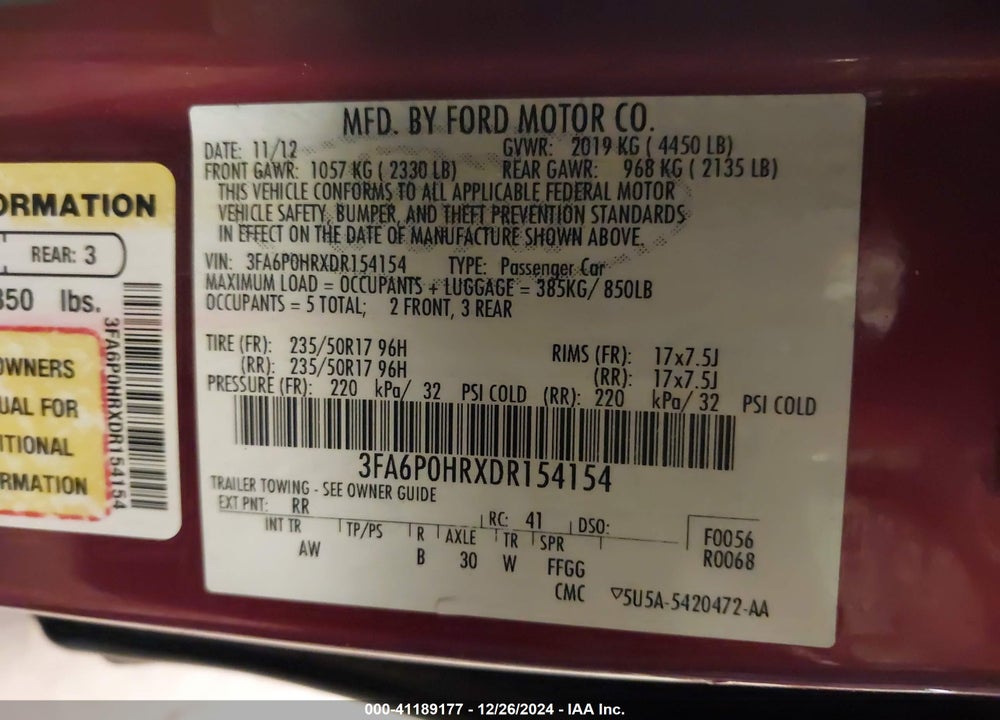 2013 FORD FUSION VIN: 3FA6P0HRXDR154154