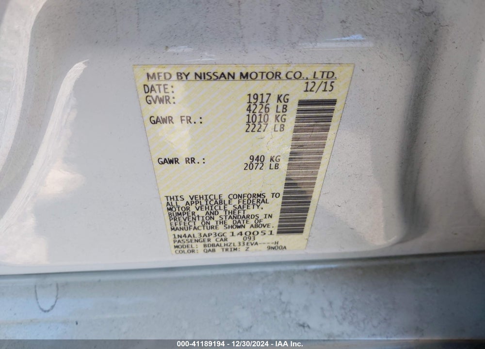 2016 NISSAN ALTIMA 2.5 SR VIN: 1N4AL3AP3GC140051