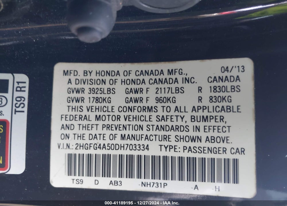 2013 HONDA CIVIC VIN: 2HGFG4A50DH703334