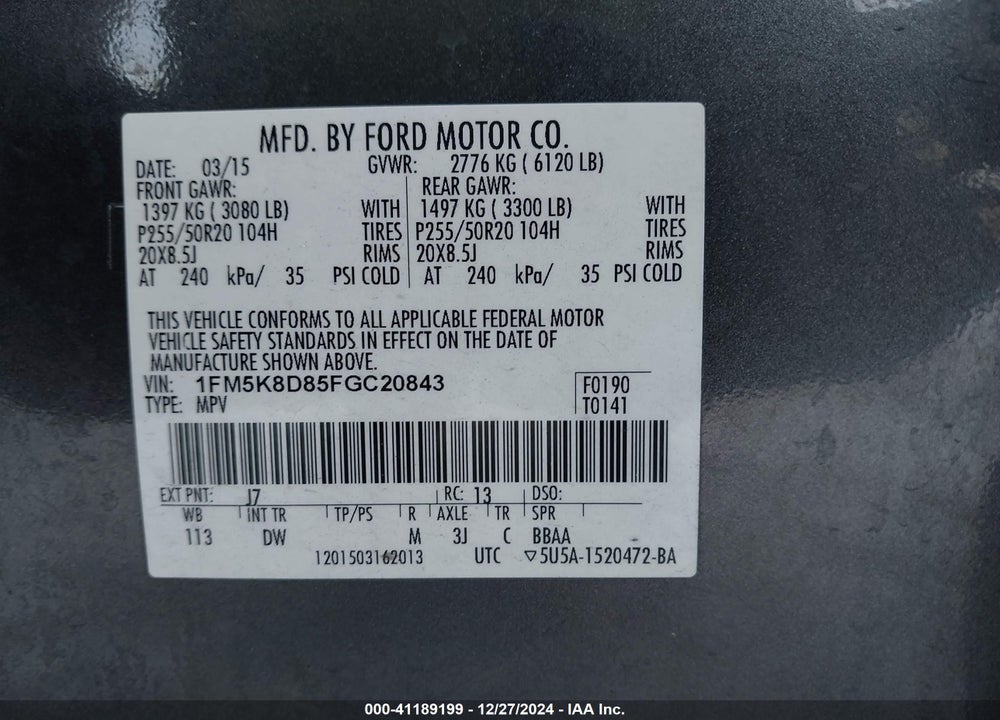 2015 FORD EXPLORER VIN: 1FM5K8D85FGC20843