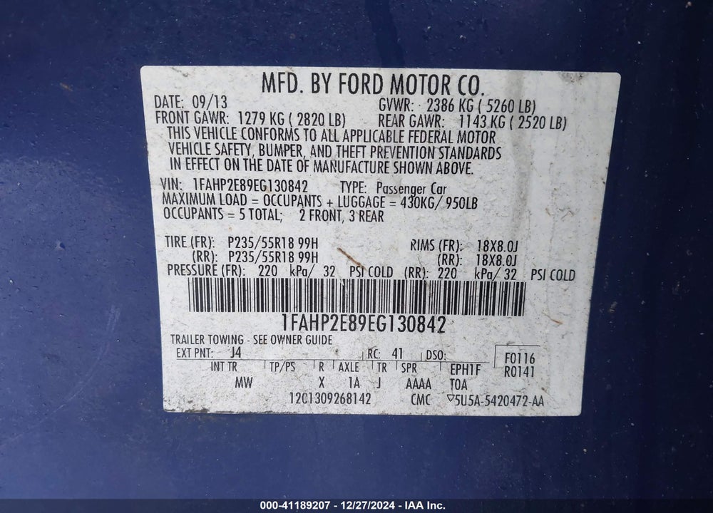 2014 FORD TAURUS SEL VIN: 1FAHP2E89EG130842