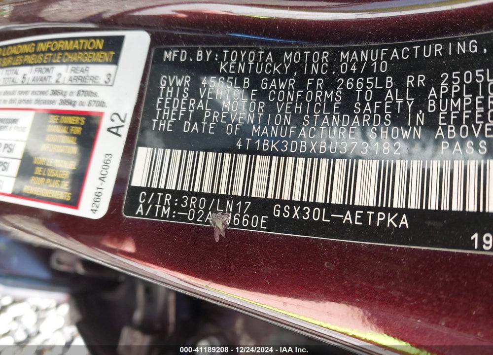 2011 TOYOTA AVALON LIMITED VIN: 4T1BK3DBXBU373182