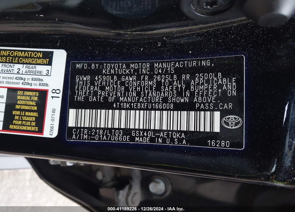 2015 TOYOTA AVALON VIN: 4T1BK1EBXFU166008