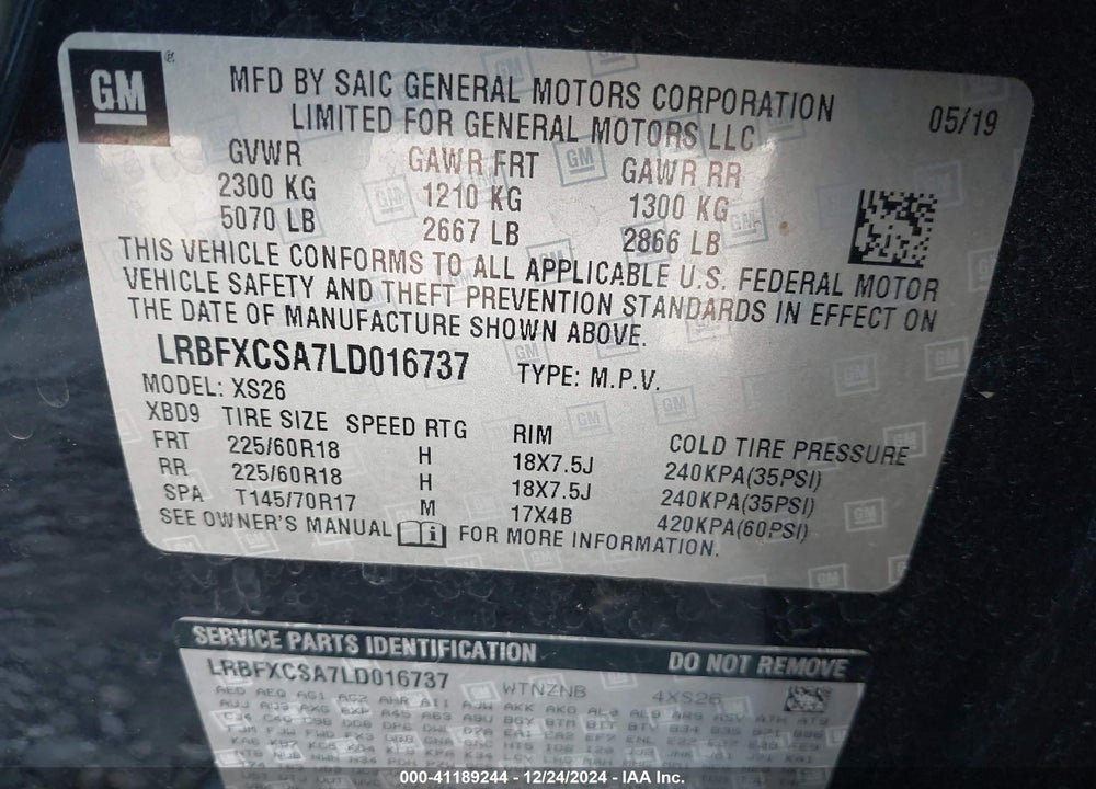 2020 BUICK ENVISION VIN: LRBFXCSA7LD016737