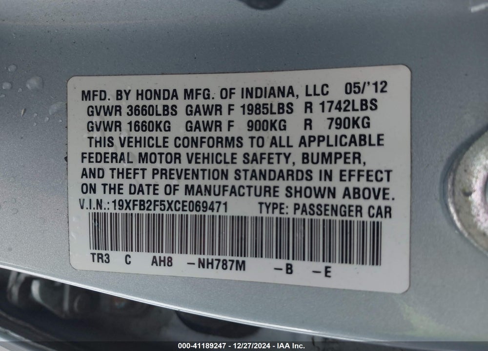 2012 HONDA CIVIC SDN LX VIN: 19XFB2F5XCE069471