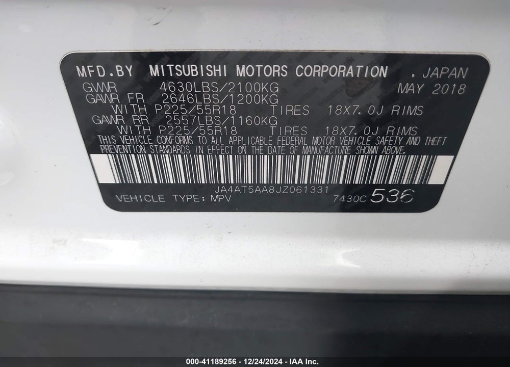 2018 MITSUBISHI ECLIPSE CROSS SEL VIN: JA4AT5AA8JZ061331