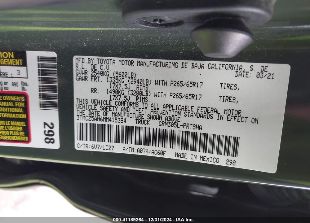2021 TOYOTA TACOMA TRD SPORT VIN: 3TMCZ5AN6MM415384