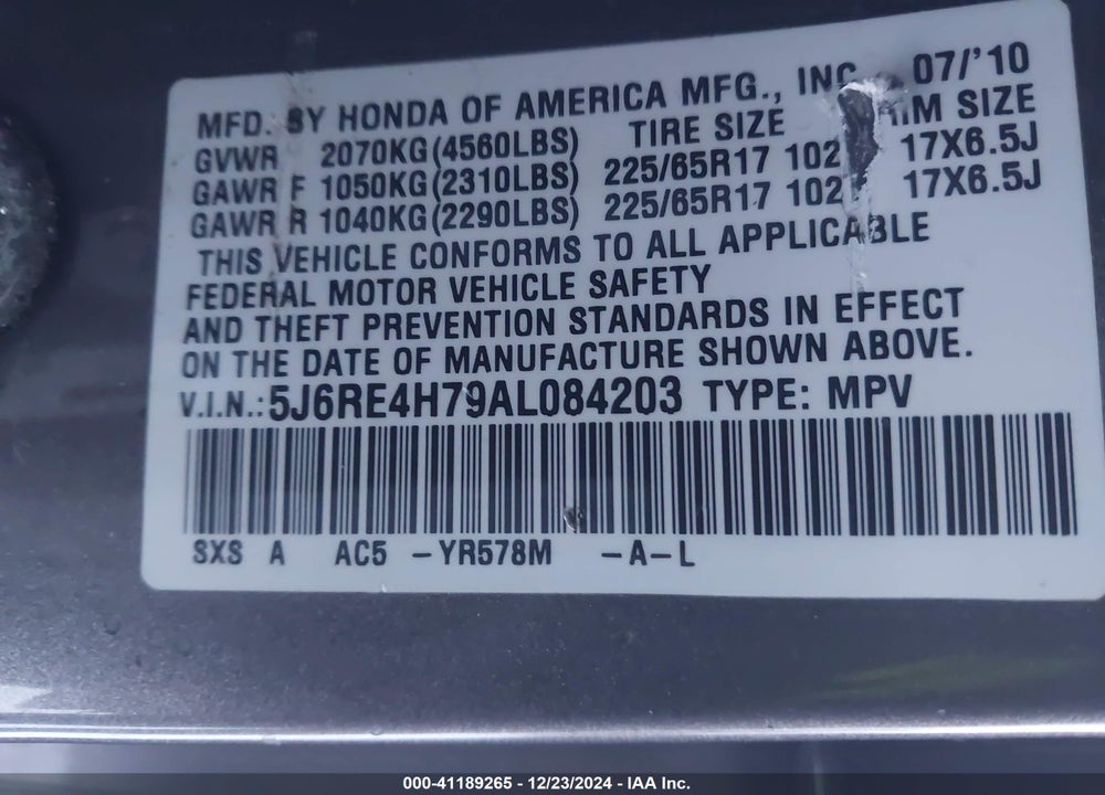 2010 HONDA CR-V EX-L VIN: 5J6RE4H79AL084203