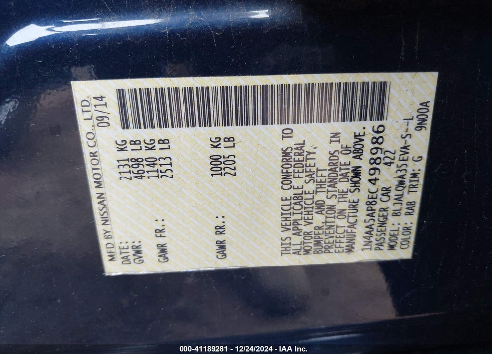 2014 NISSAN MAXIMA 3.5 S VIN: 1N4AA5AP8EC498986