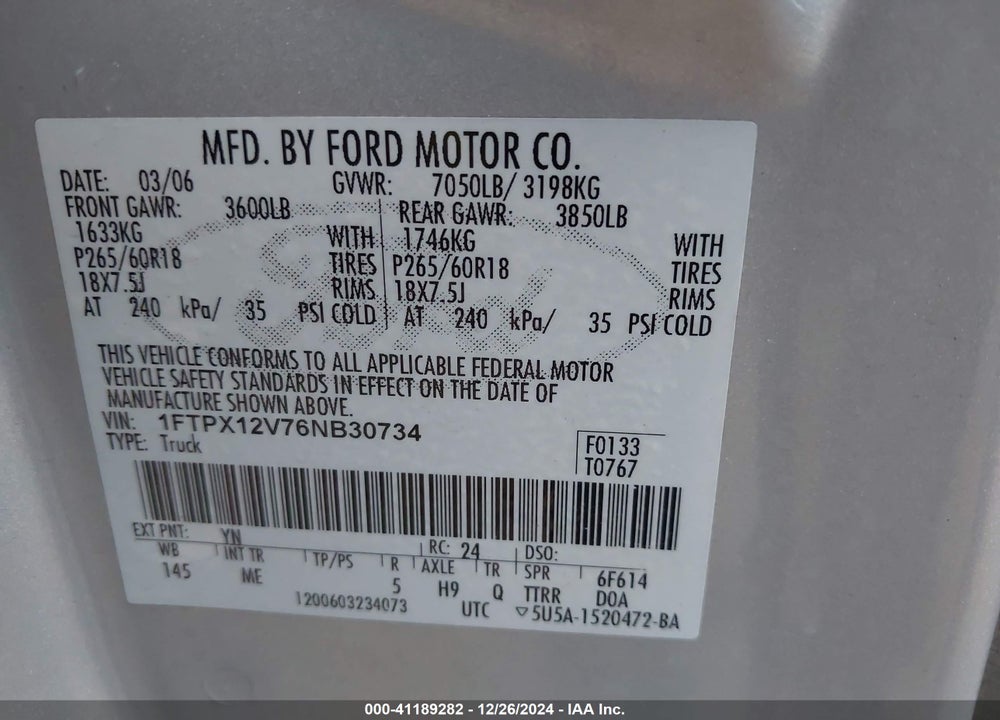 2006 FORD F-150 LARIAT/XL/XLT VIN: 1FTPX12V76NB30734