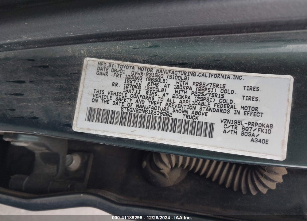 2001 TOYOTA TACOMA PRERUNNER V6 VIN: 5TEGN92N61Z839262