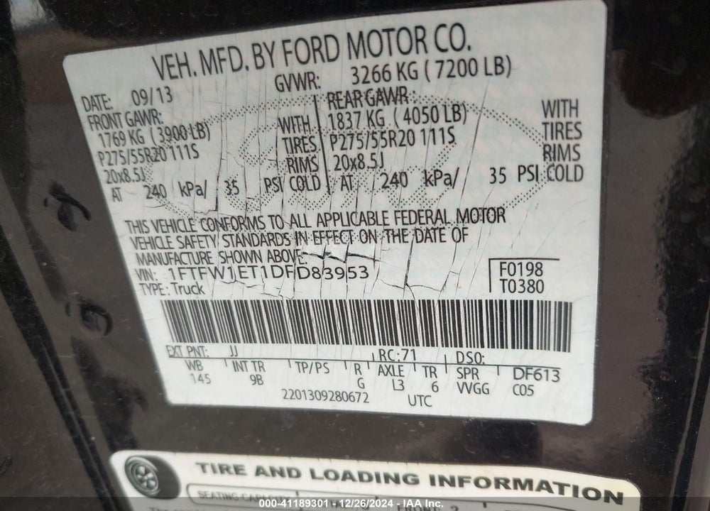 2013 FORD F-150 VIN: 1FTFW1ET1DFD83953