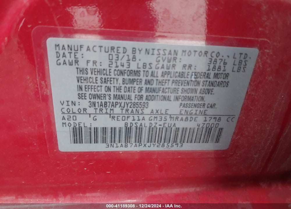 2018 NISSAN SENTRA VIN: 3N1AB7APXJY285593