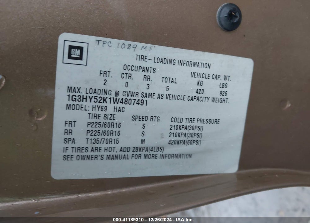1998 OLDSMOBILE LSS VIN: 1G3HY52K1W4807491