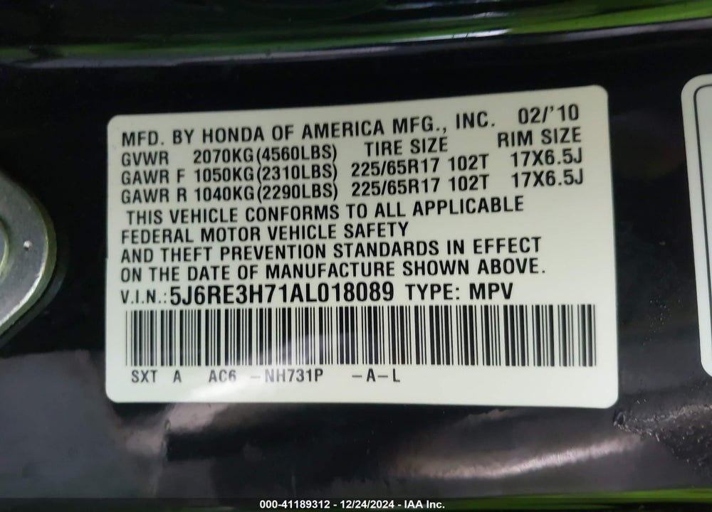 2010 HONDA CR-V EX-L VIN: 5J6RE3H71AL018089
