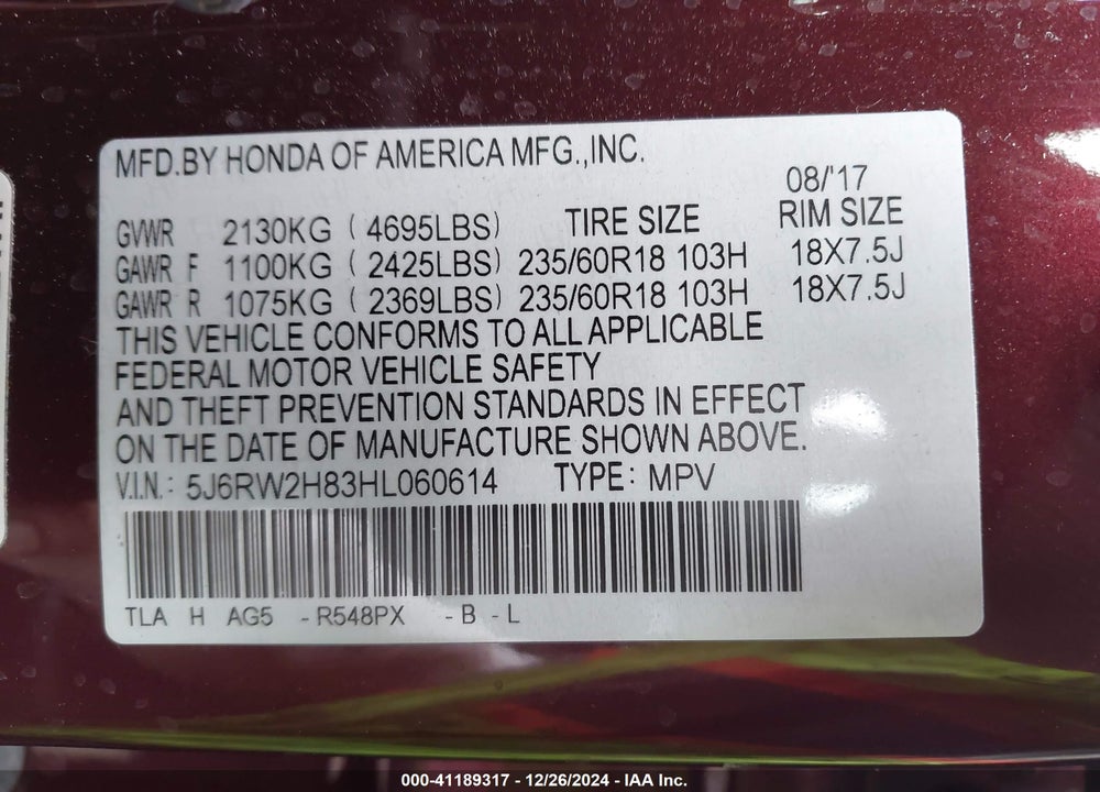 2017 HONDA CR-V EX-L/EX-L NAVI VIN: 5J6RW2H83HL060614