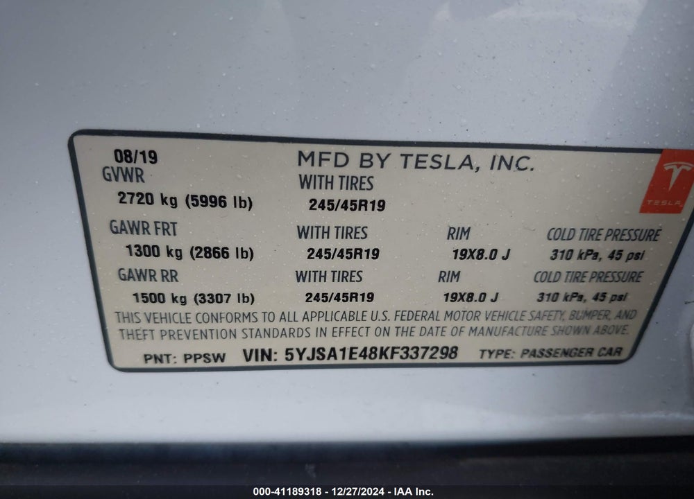 2019 TESLA MODEL S 100D/LONG RANGE/P100D/PERFORMANCE VIN: 5YJSA1E48KF337298