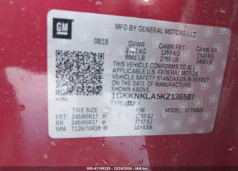 2019 GMC ACADIA SLE-1 VIN: 1GKKNKLA5KZ136587