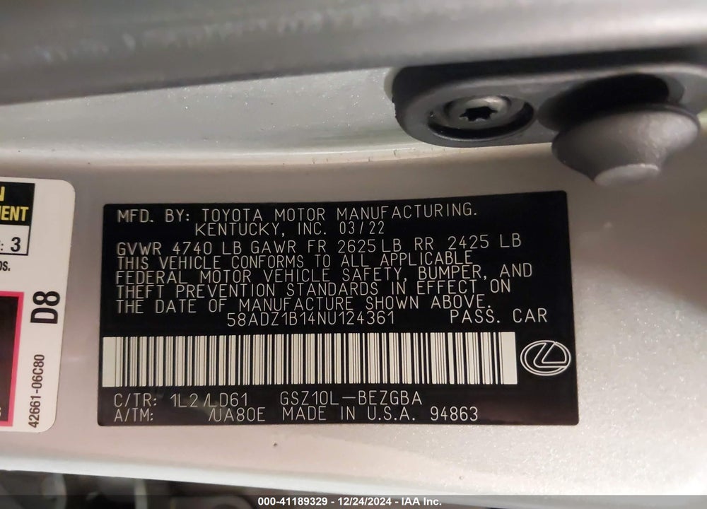 2022 LEXUS ES 350 VIN: 58ADZ1B14NU124361