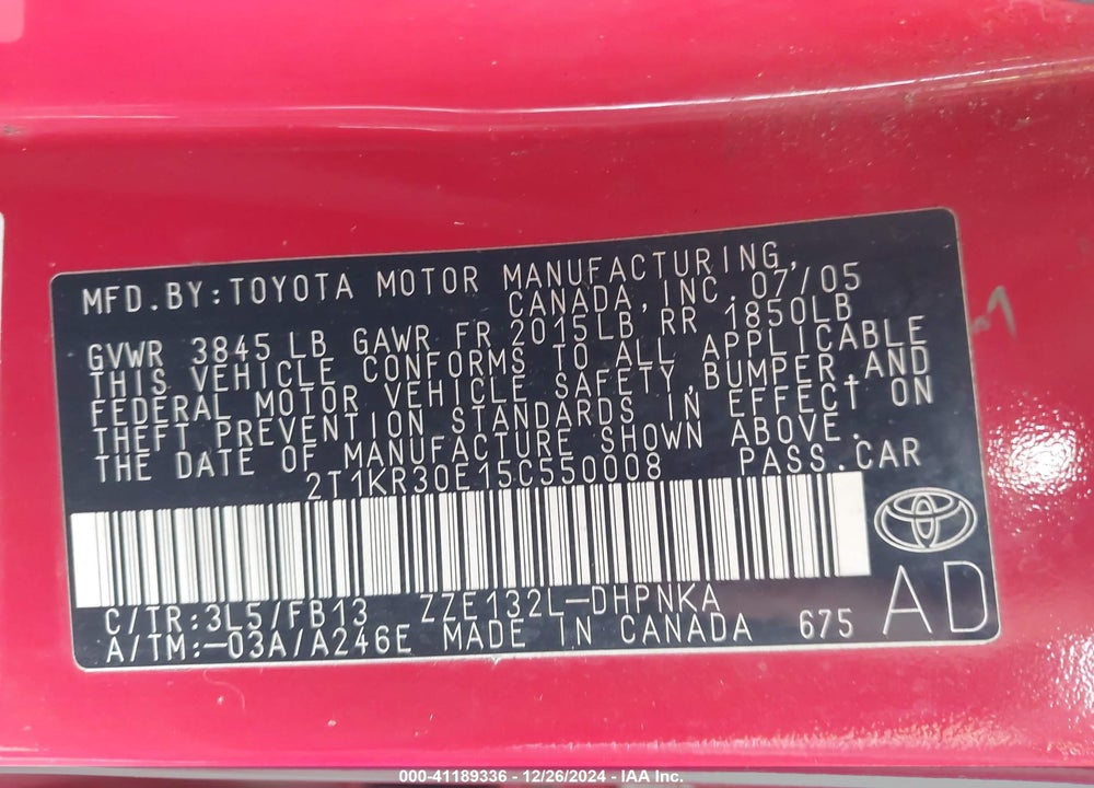 2005 TOYOTA MATRIX/XR VIN: 2T1KR30E15C550008