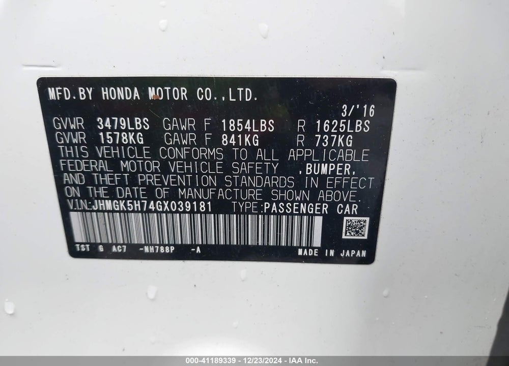 2016 HONDA FIT EX VIN: JHMGK5H74GX039181