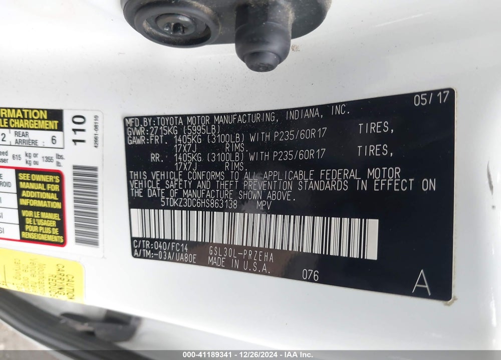 2017 TOYOTA SIENNA LE 8 PASSENGER VIN: 5TDKZ3DC6HS863138