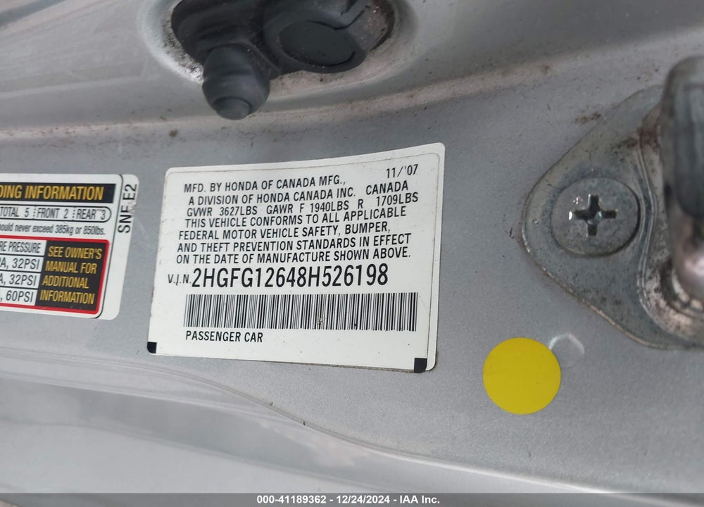 2008 HONDA CIVIC VIN: 2HGFG12648H526198