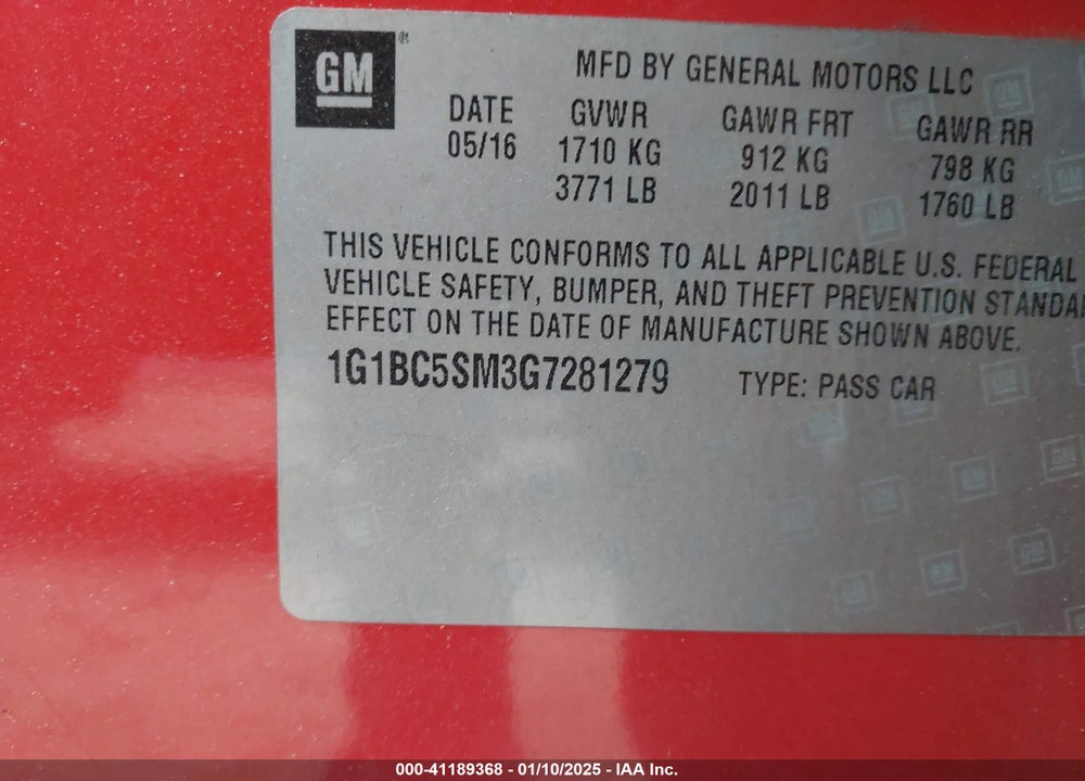 2016 CHEVROLET CRUZE VIN: 1G1BC5SM3G7281279