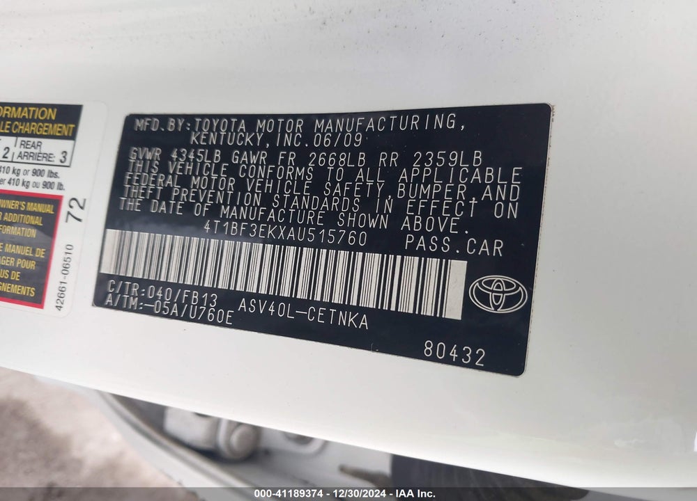 2010 TOYOTA CAMRY LE VIN: 4T1BF3EKXAU515760