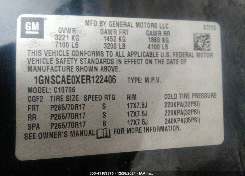 2014 CHEVROLET TAHOE LS VIN: 1GNSCAE0XER122406