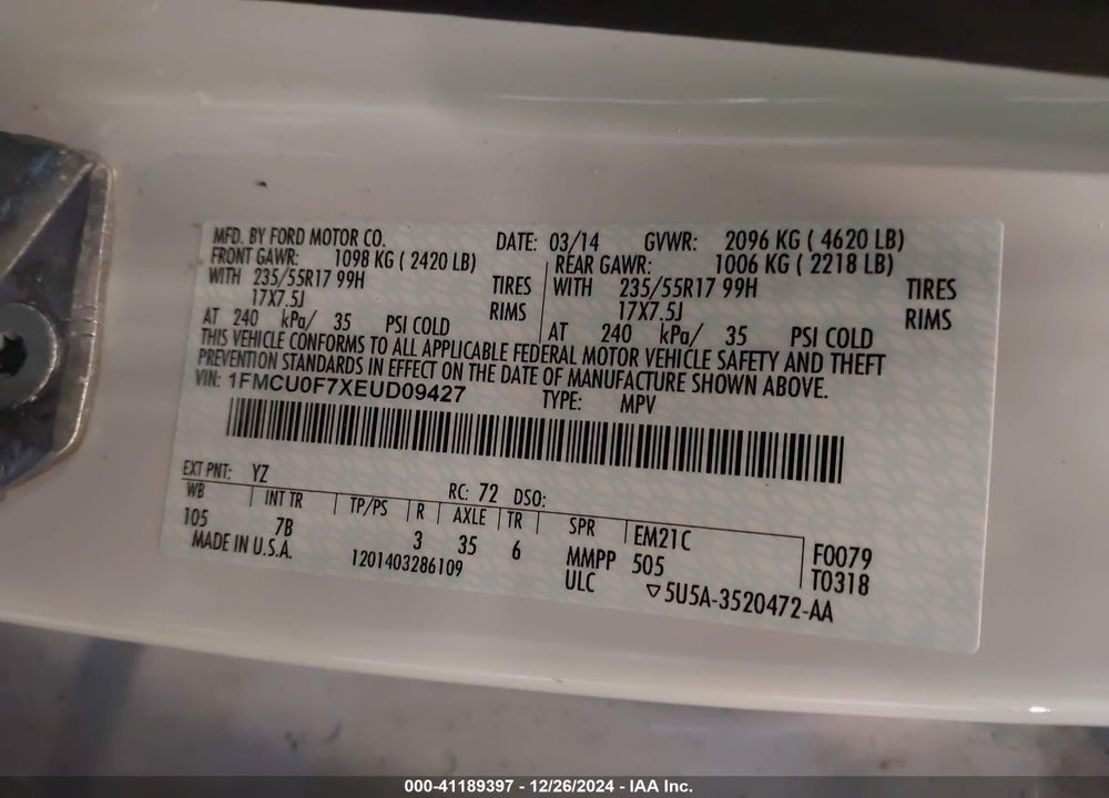 2014 FORD ESCAPE S VIN: 1FMCU0F7XEUD09427