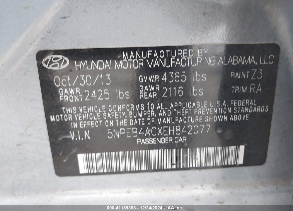 2014 HYUNDAI SONATA GLS VIN: 5NPEB4ACXEH842077