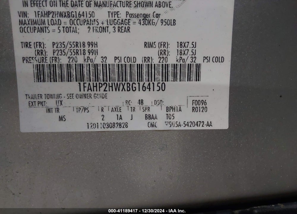 2011 FORD TAURUS SEL VIN: 1FAHP2HWXBG164150