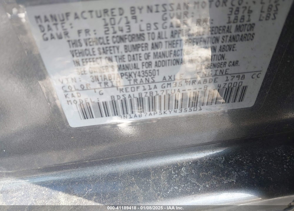 2019 NISSAN SENTRA VIN: 3N1AB7AP5KY435501