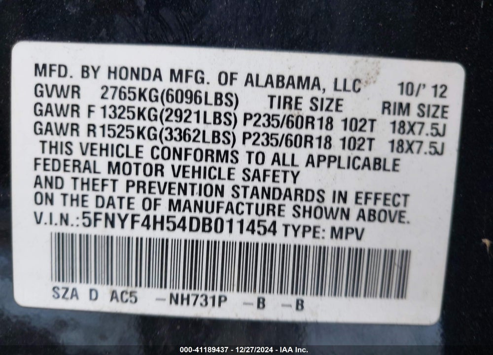 2013 HONDA PILOT VIN: 5FNYF4H54DB011454