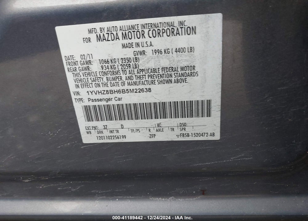 2011 MAZDA 6 VIN: 1YVHZ8BH6B5M22638
